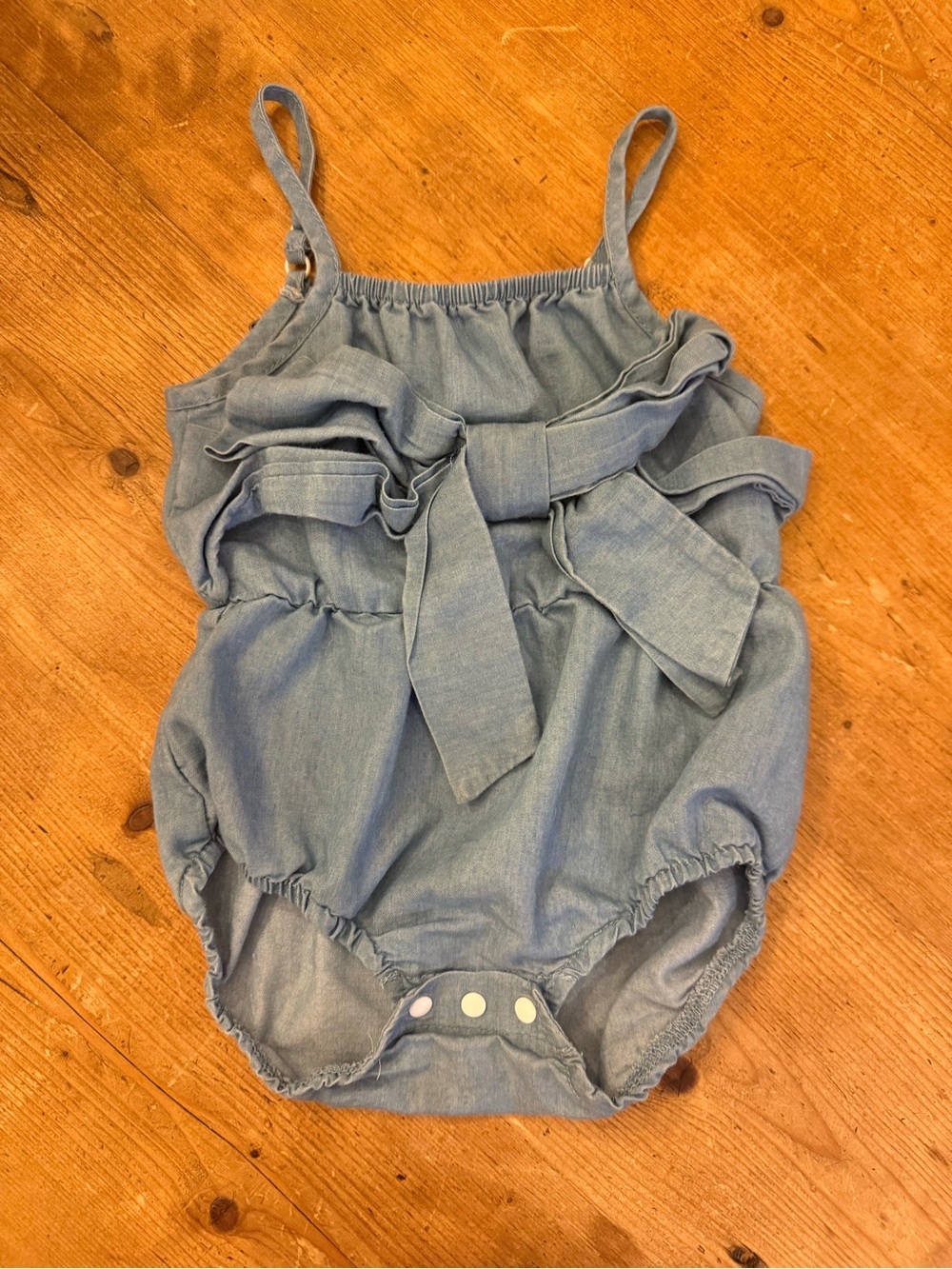 PatPat Light Blue Denim-Look Ruffle Bow Romper